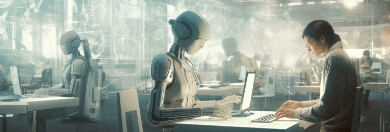 AI robots collaborating with people in a modern office space, engaging in tasks, symbolizing the integration of AI in the workplace.